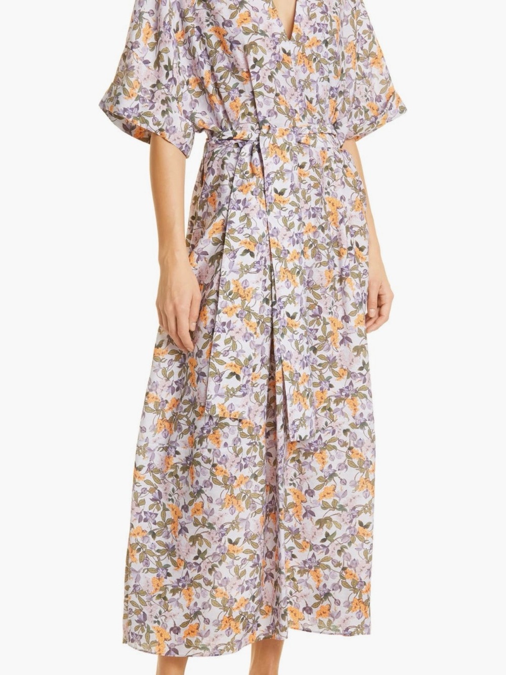 Vince Lavender Floral Tie-Waist Maxi Robe with Orange Accents